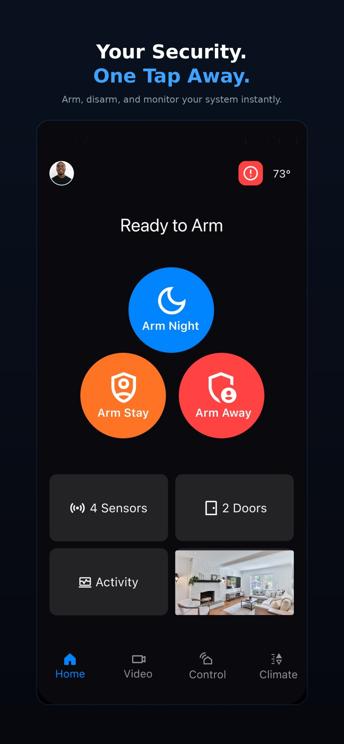 SmartLink+ security control screen showing Arm Night, Arm Stay, and Arm Away