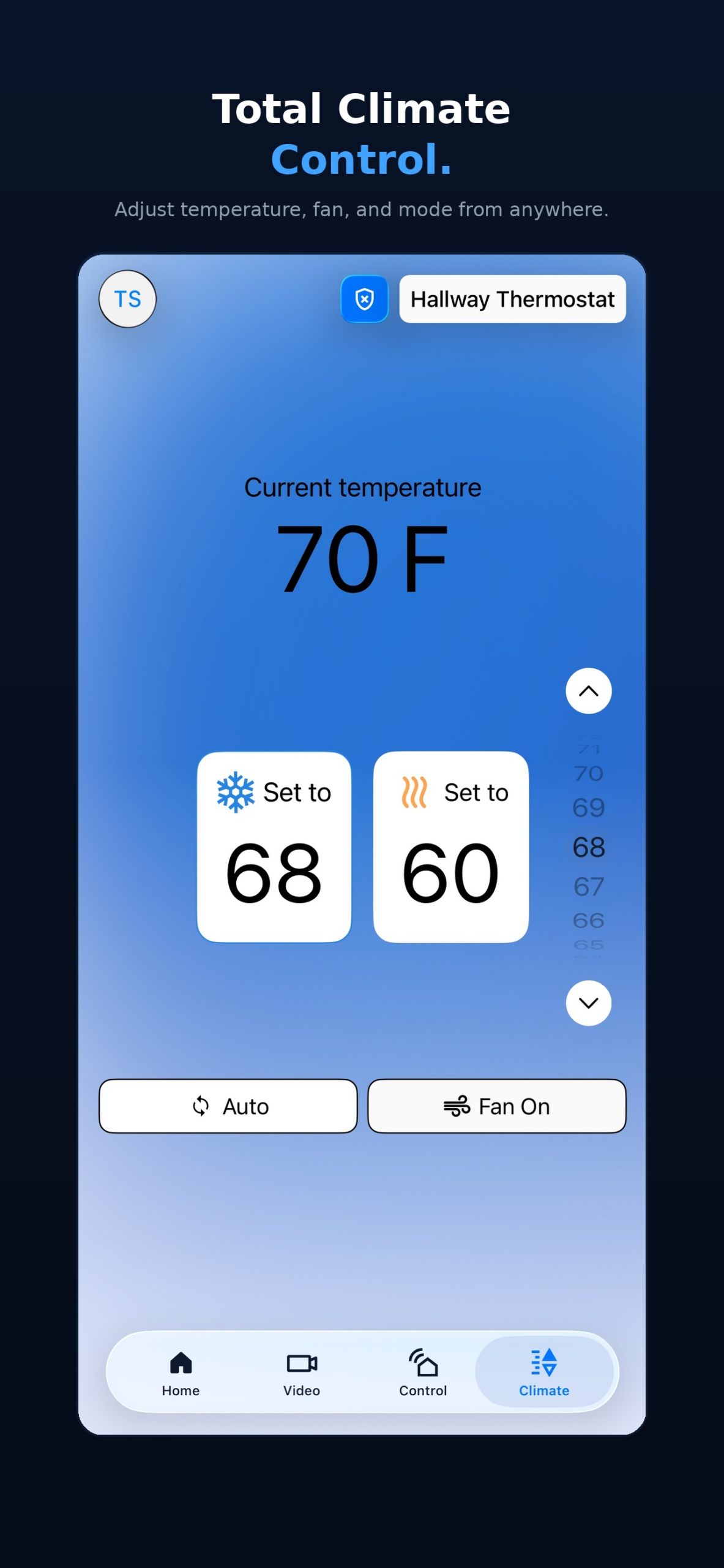 SmartLink+ climate control screen showing thermostat settings