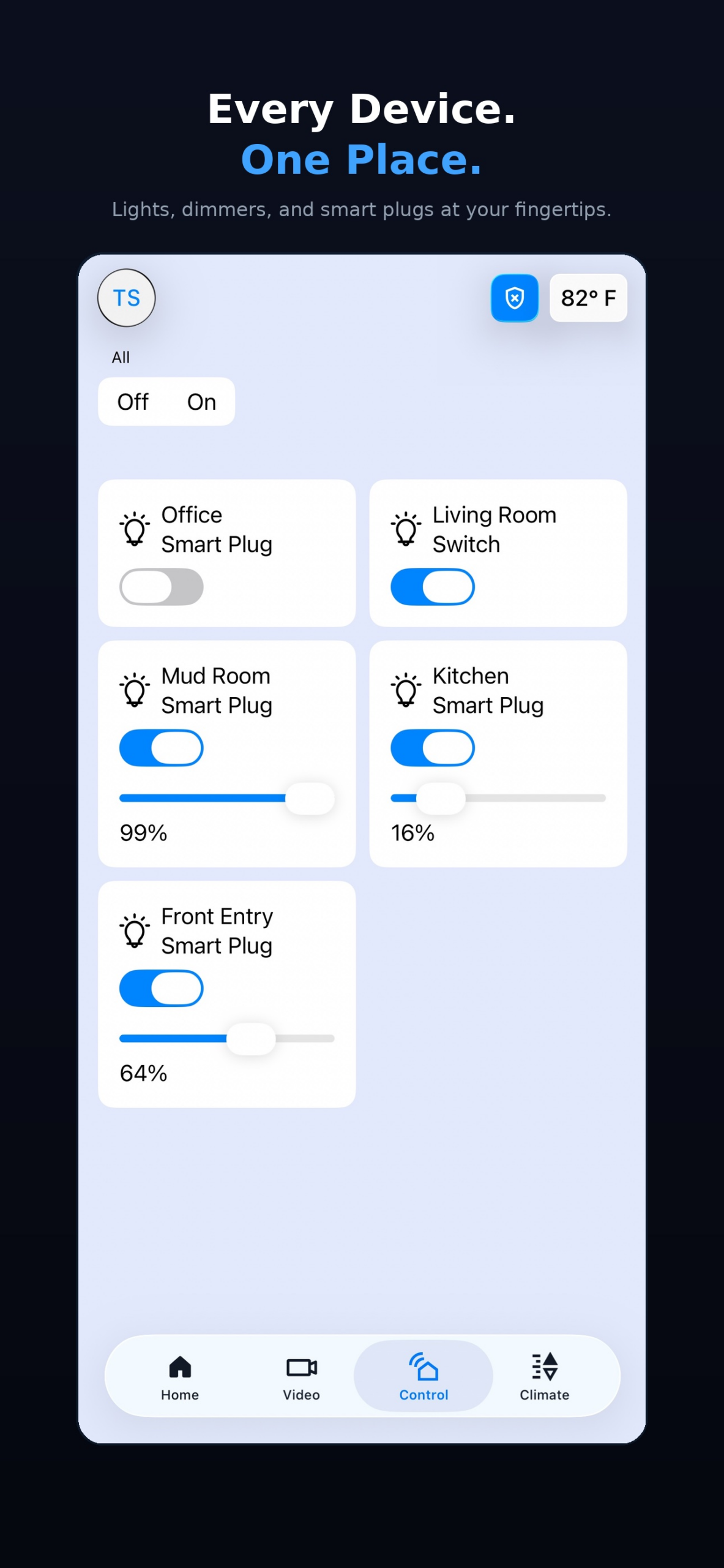 SmartLink+ device control screen showing smart plugs and switches