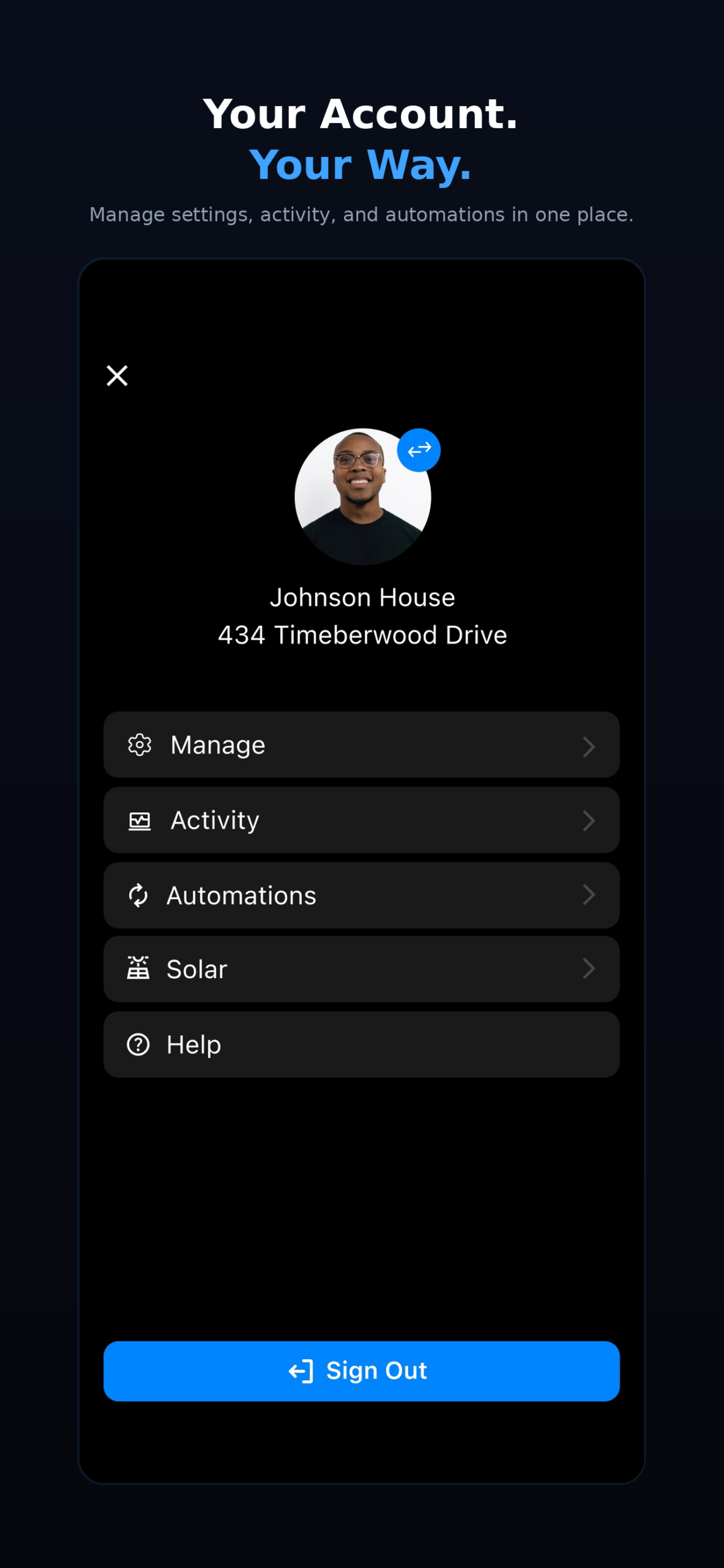 SmartLink+ account screen showing manage, activity, automations, and solar